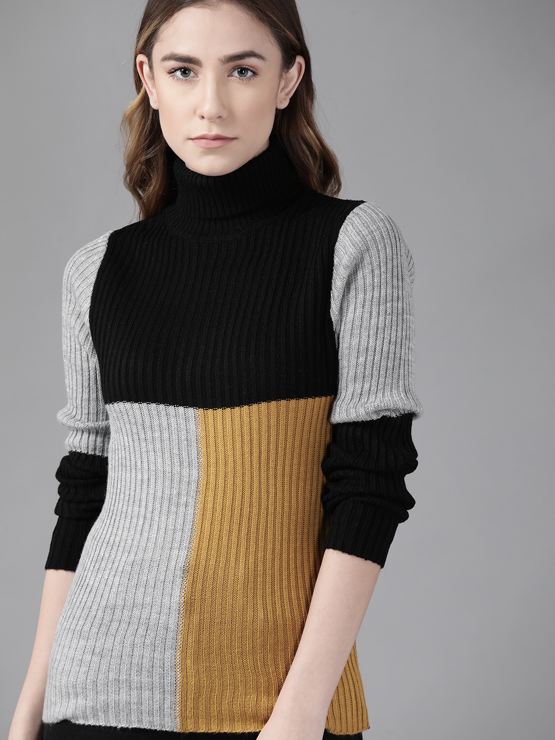 

Roadster Women Black & Mustard Brown Acrylic Colourblocked Pullover