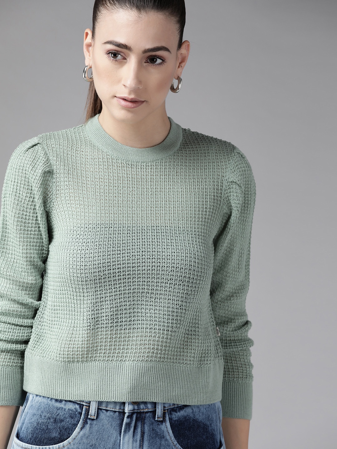 

Roadster Women Green Solid Semi-Sheer Pullover