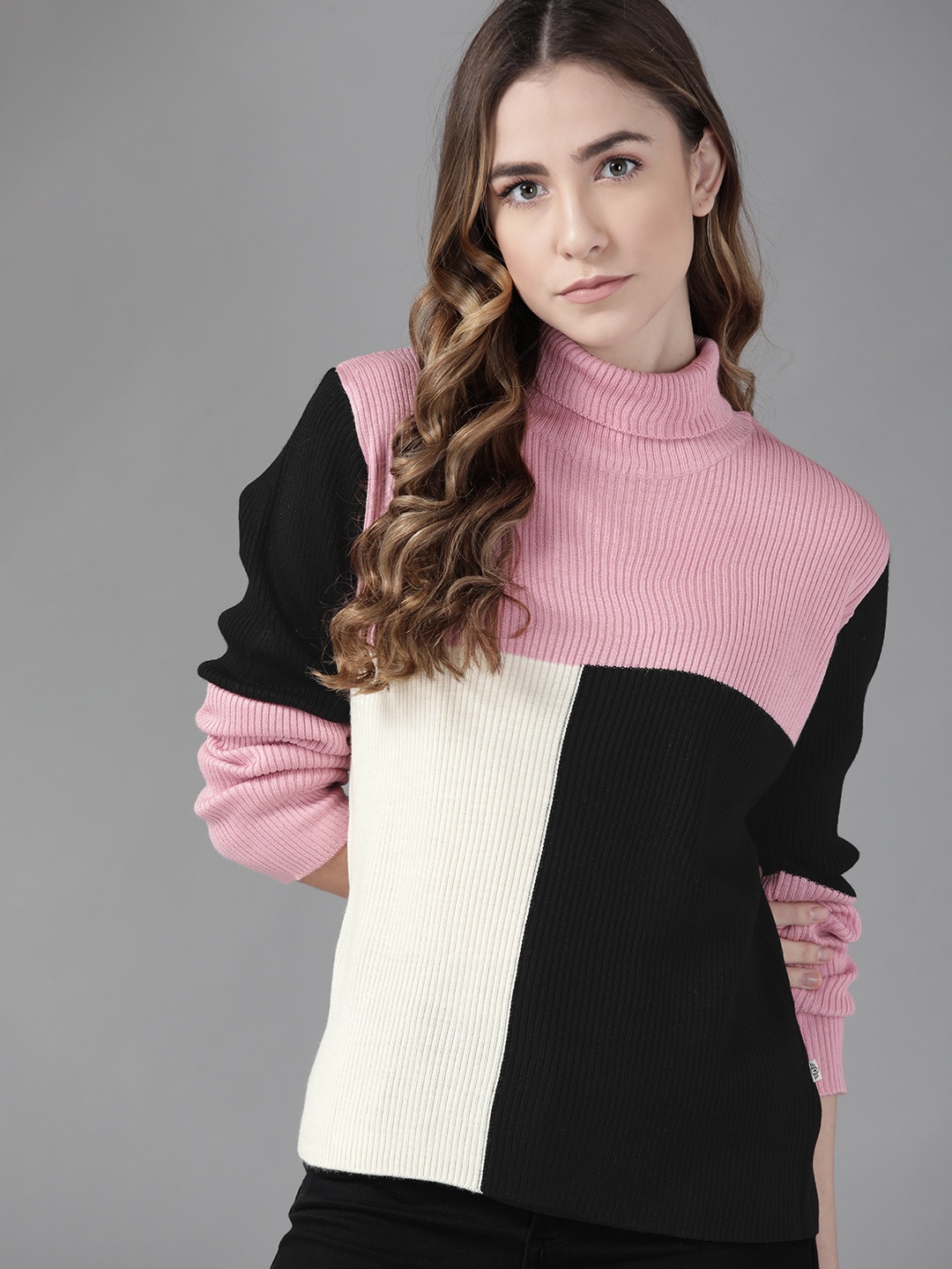 

Roadster Women Pink & Black Acrylic Colourblocked Pullover