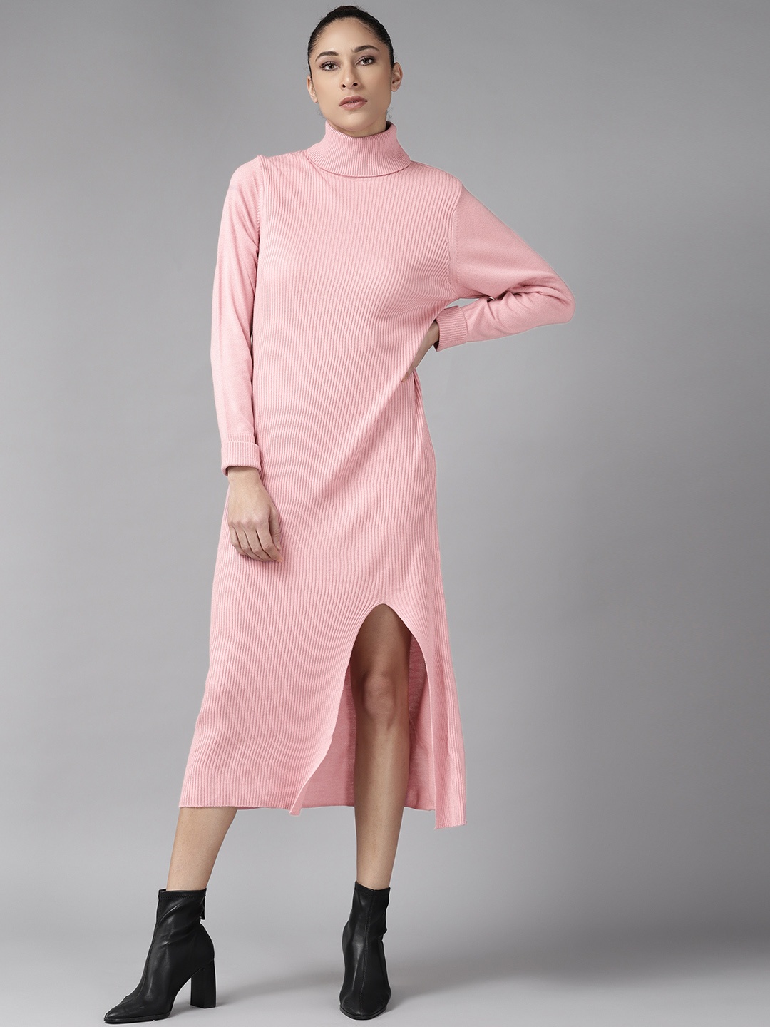 

Roadster Pink Ribbed Turtle Neck Midi Jumper Dress
