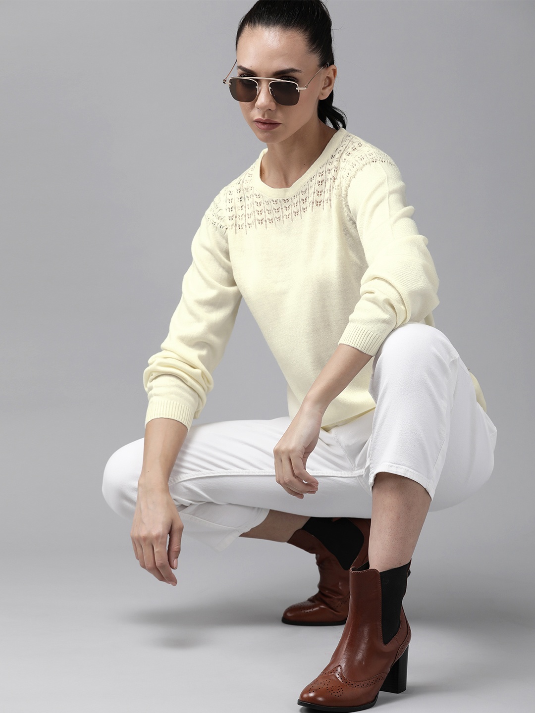 

Roadster Women Cream-Coloured Open Knit Yoke Pullover