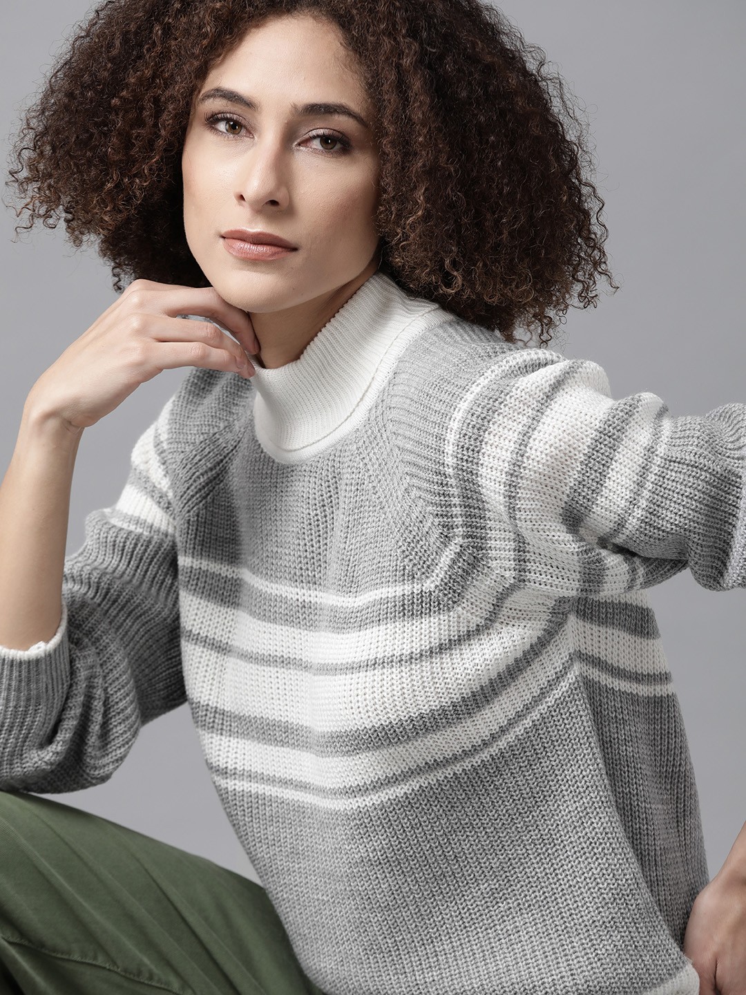 

Roadster Women Grey Melange & White Striped Pullover