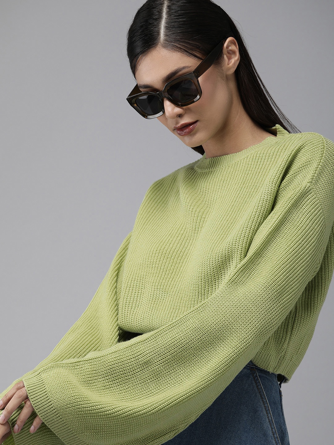 

Roadster Women Green Self Design Pullover Sweater