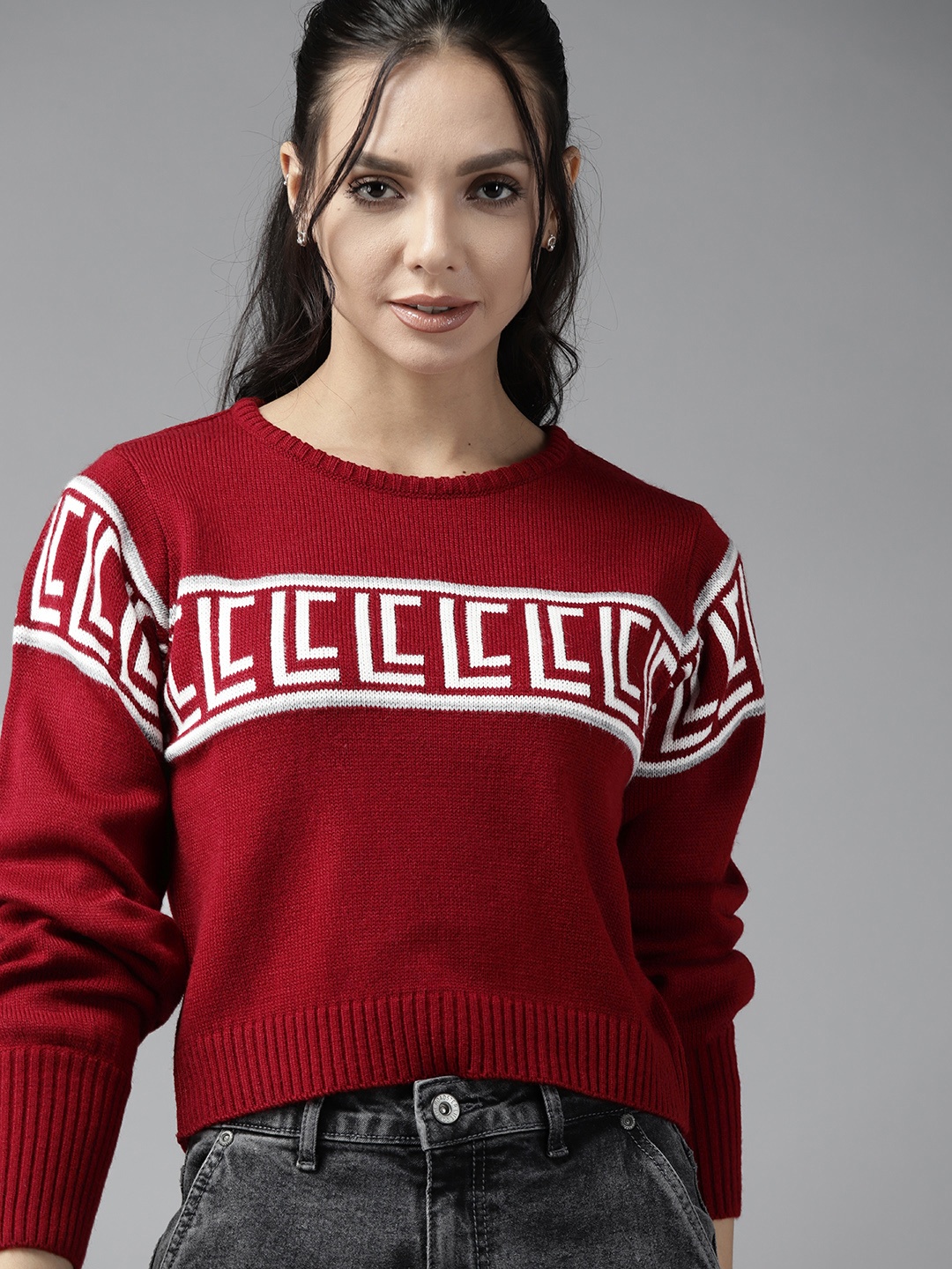 

Roadster Women Maroon & White Geometric Self-Design Pullover Sweater