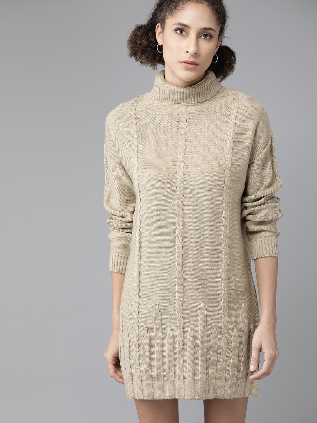 

Roadster Beige Cable Knit Turtle Neck Mini Sweater Dress