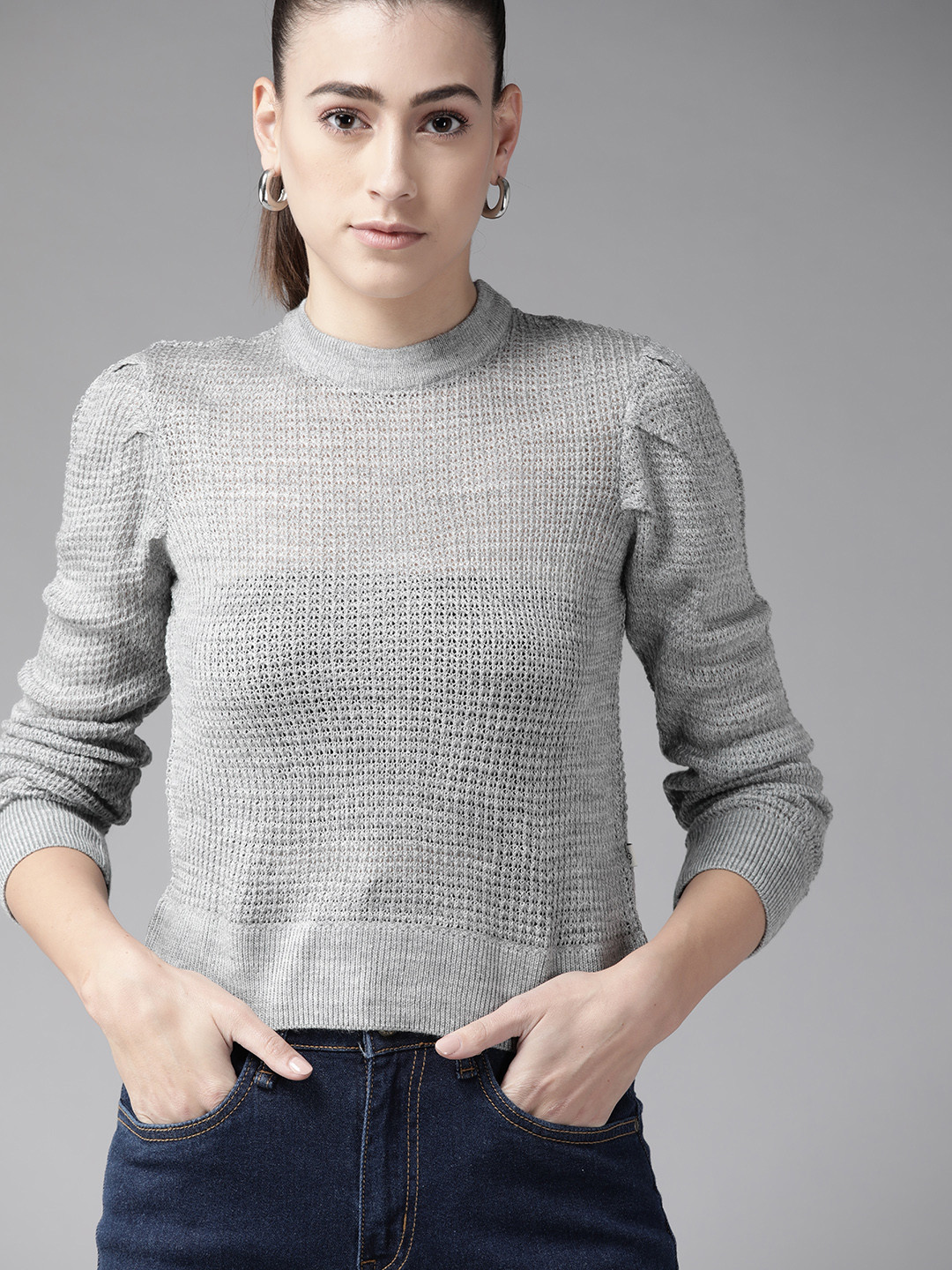 

Roadster Women Grey Melange Solid Semi-Sheer Pullover