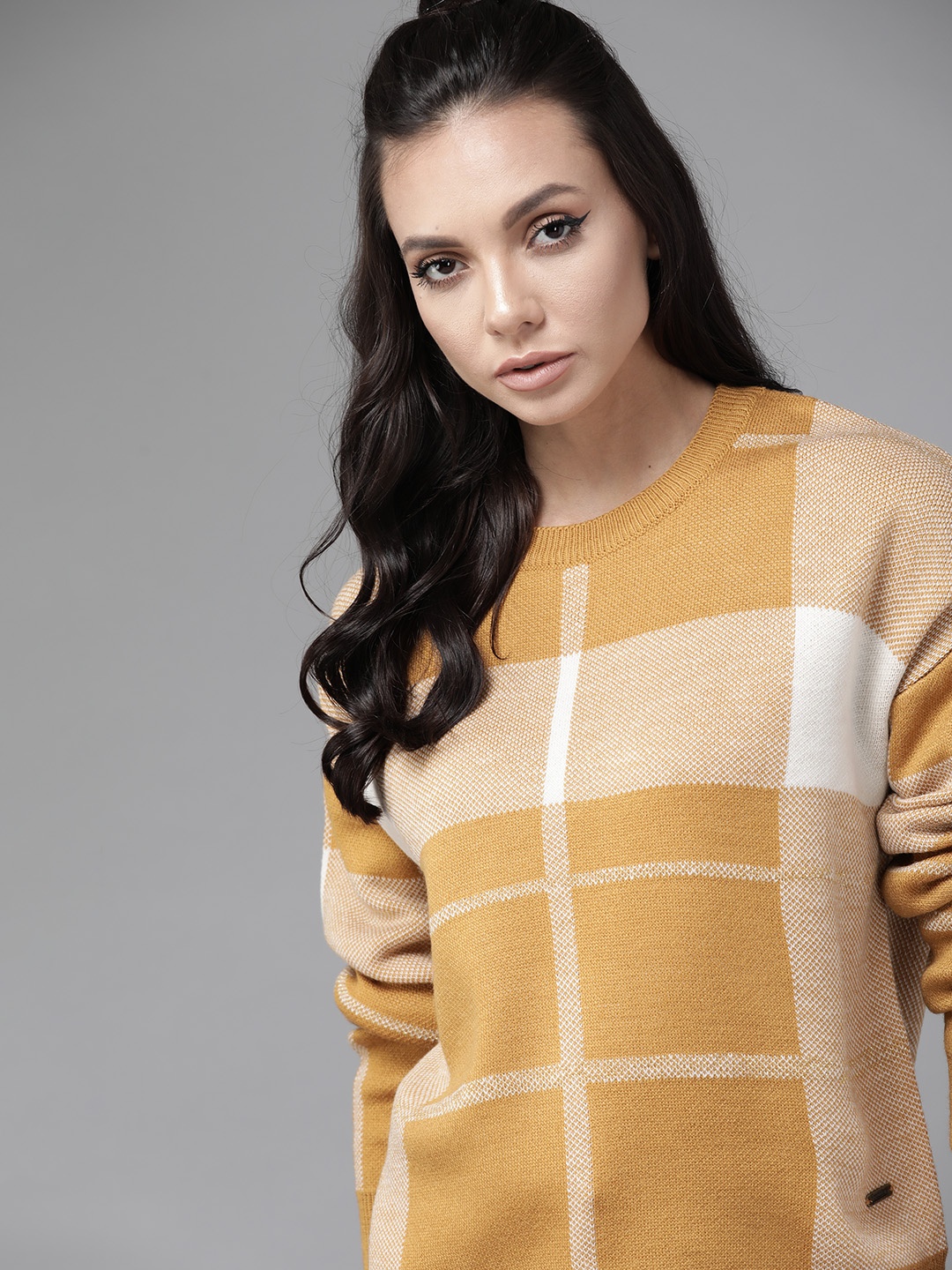 

Roadster Women Mustard Yellow & Off White Checked Pullover Sweater