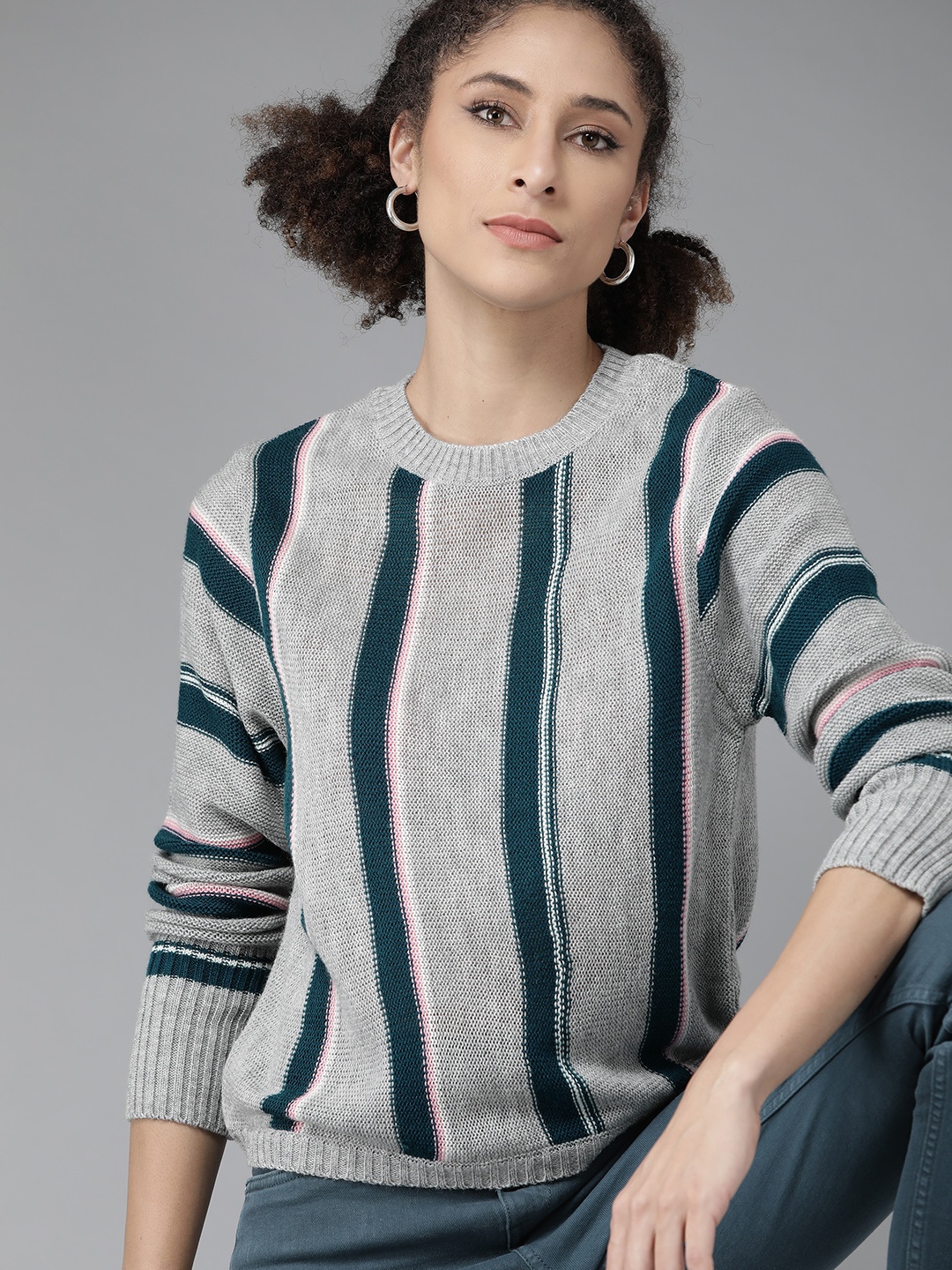

Roadster Women Grey Melange & Teal Blue Striped Pullover