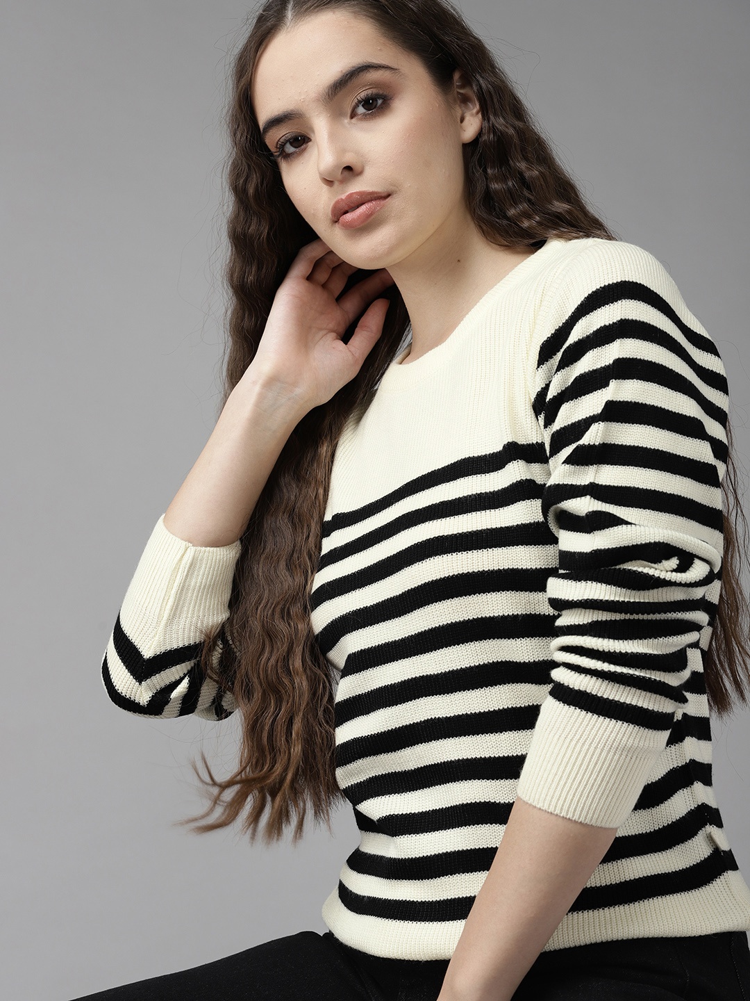 

Roadster Women Cream-Coloured & Black Striped Pullover