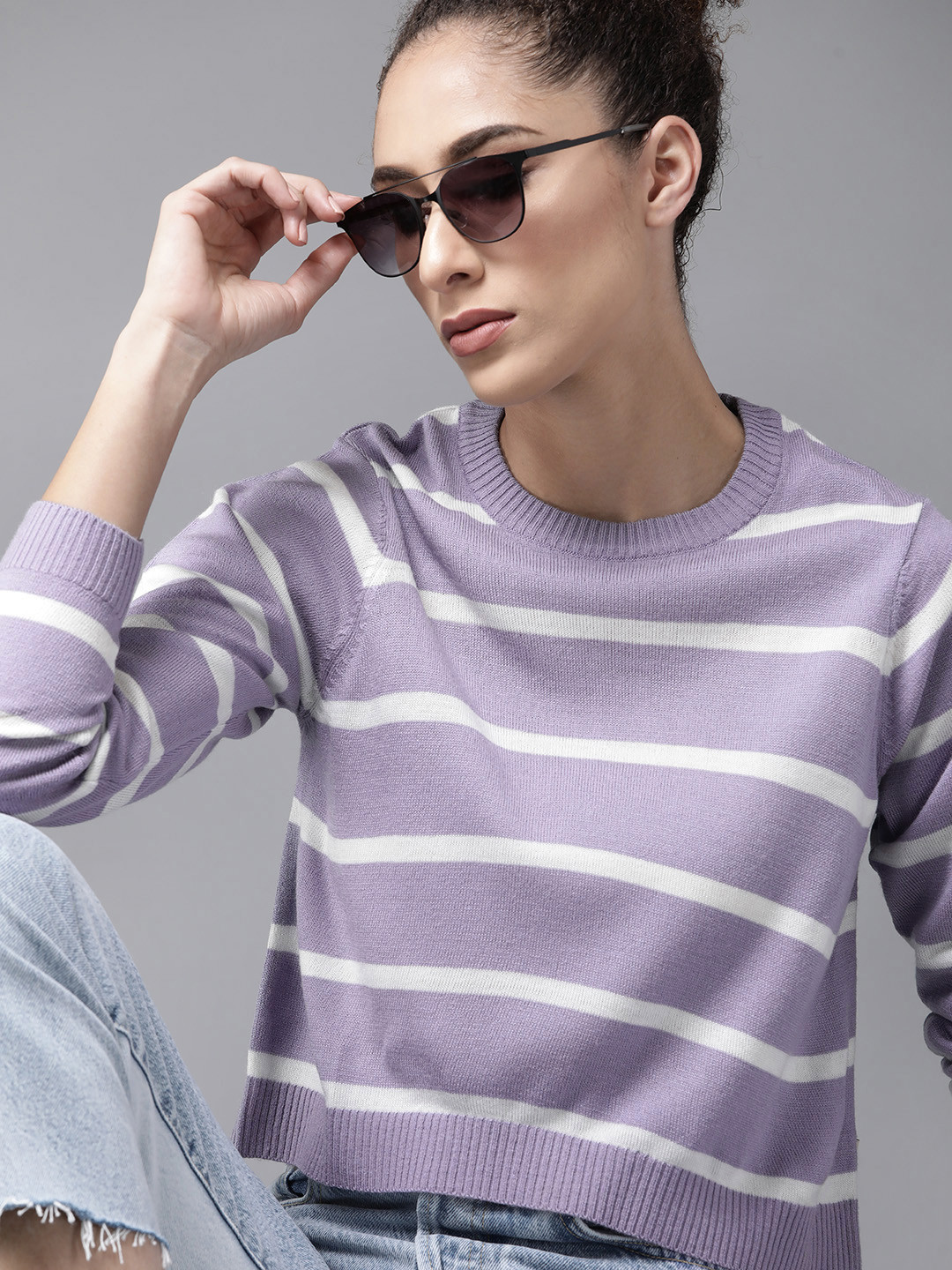 

Roadster Women Lavender & White Blue Striped Acrylic Crop Pullover