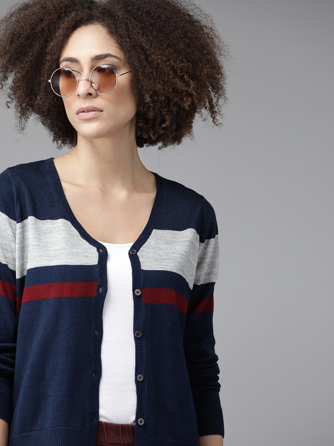 

Roadster Women Navy Blue & Grey Melange Striped Cardigan