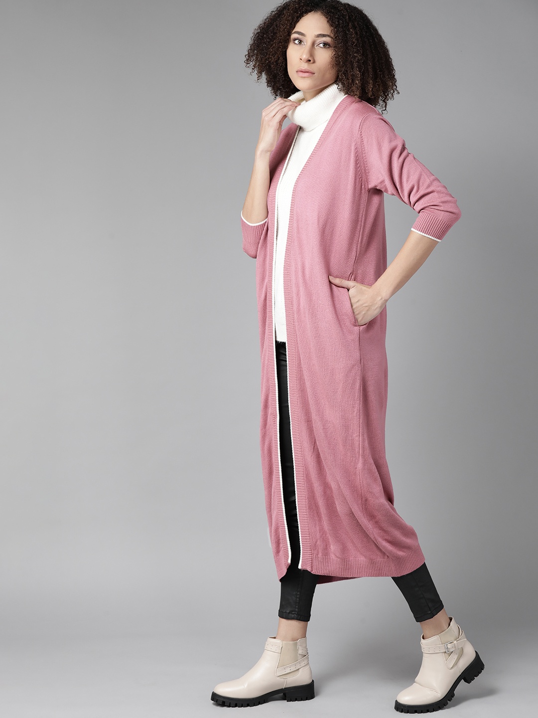 

Roadster Women Pink Solid Longline Front-Open Sweater
