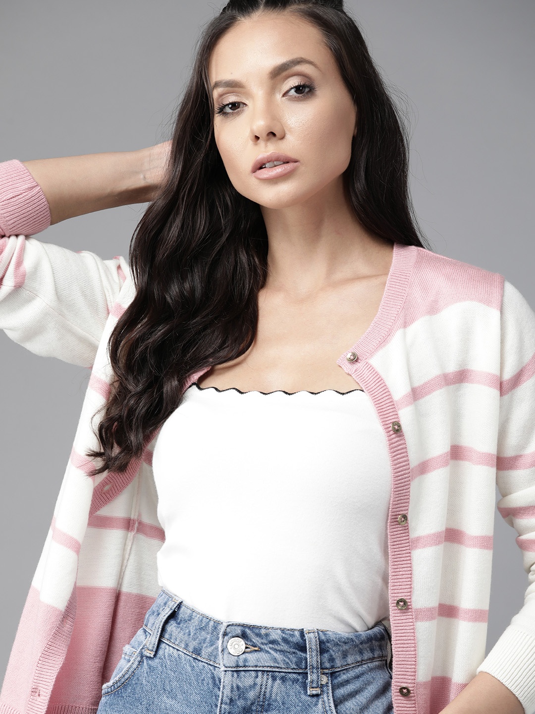 

Roadster Women White & Pink Striped Front-Open