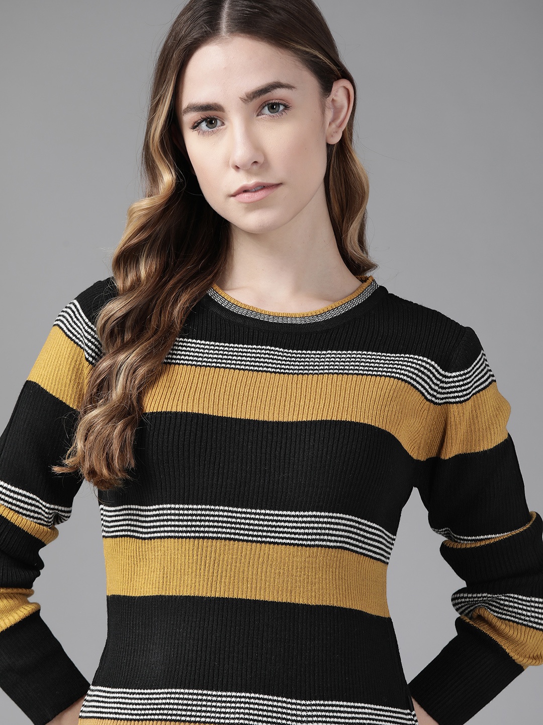 

Roadster Women Black & Mustard Brown Striped Pullover