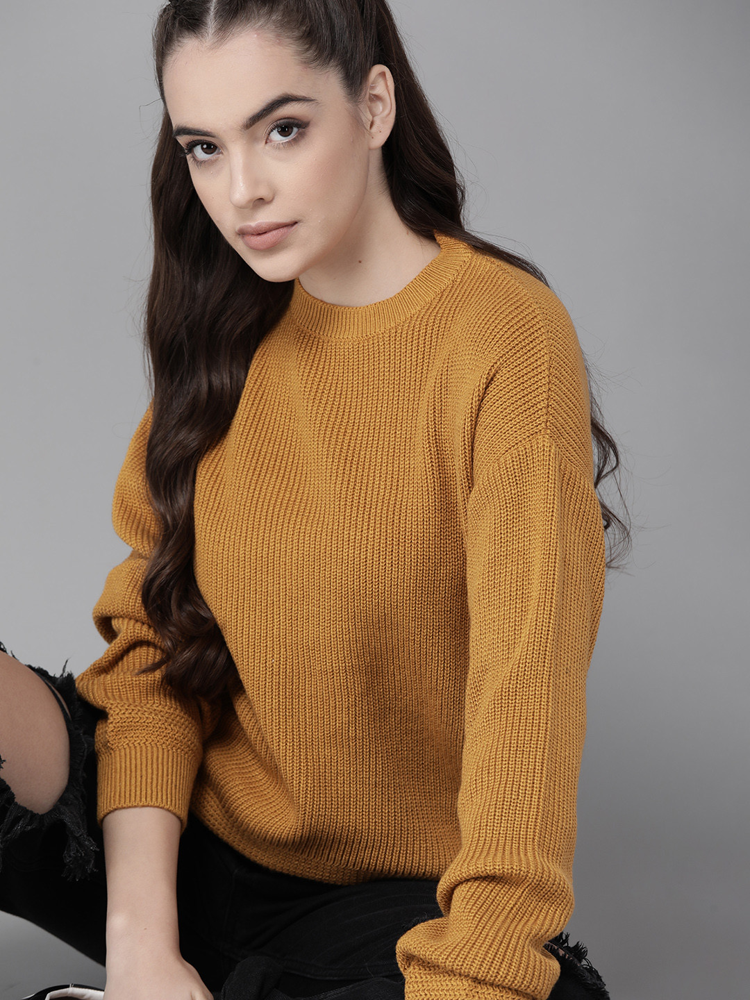 

Roadster Women Mustard Yellow Solid Pullover Sweater