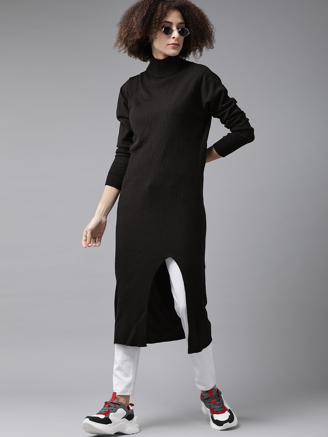 

Roadster Women Black Ribbed Longline Pullover
