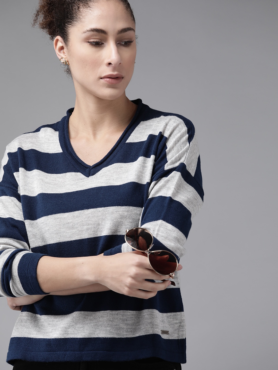 

Roadster Women Grey Melange & Navy Blue Striped Pullover