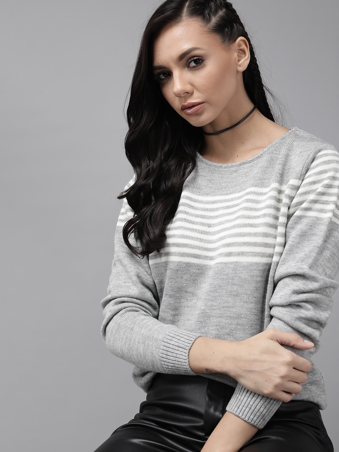 

Roadster Women Grey Melange & White Striped Pullover