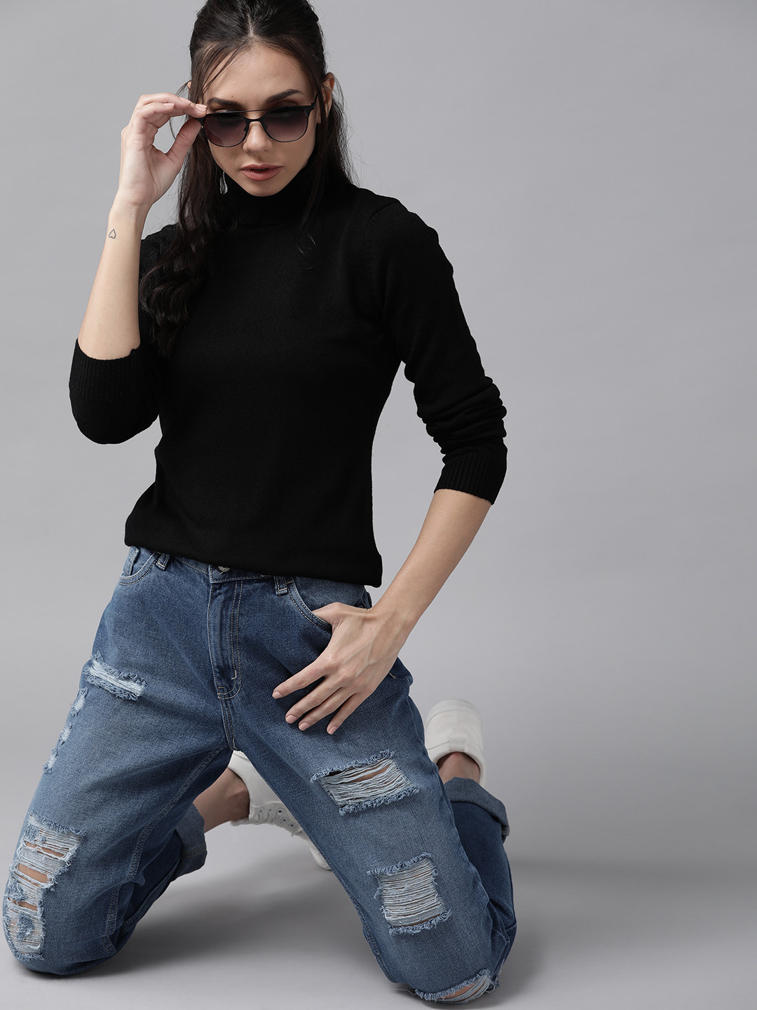 

Roadster Women Black Solid Turtle Neck Pullover