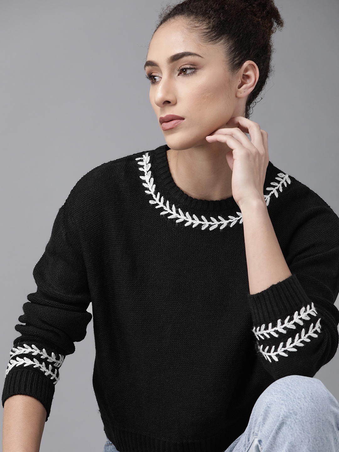 

Roadster Women Black & White Solid Acrylic Pullover with Embroidered Detail