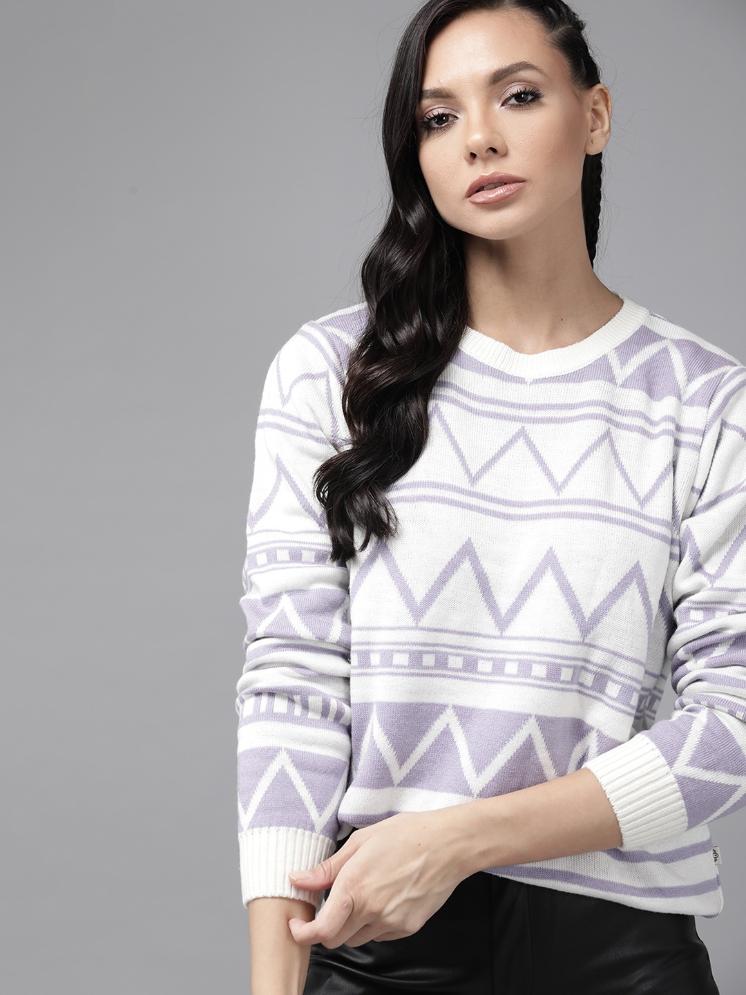 

Roadster Women White & Purple Geometric Patterned Pullover