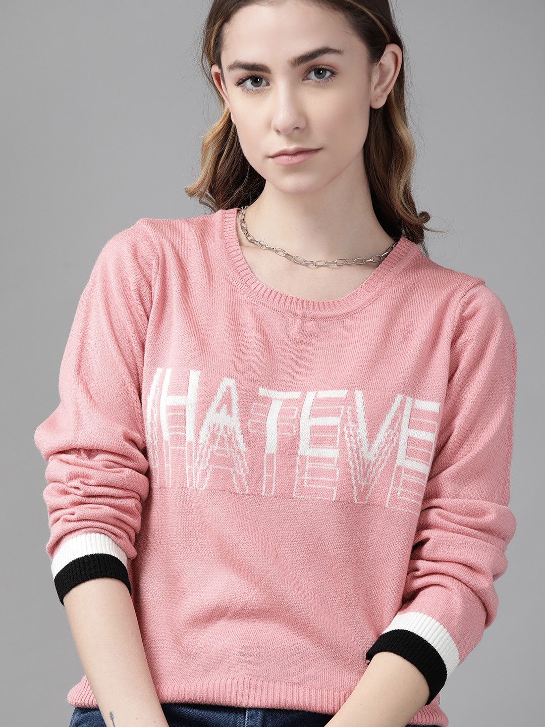 

Roadster Women Pink & White Typography Printed Pullover