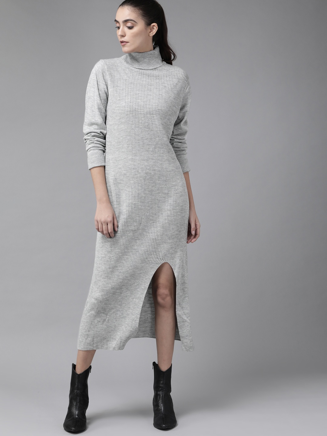 

Roadster Women Grey Melange Ribbed Jumper Dress
