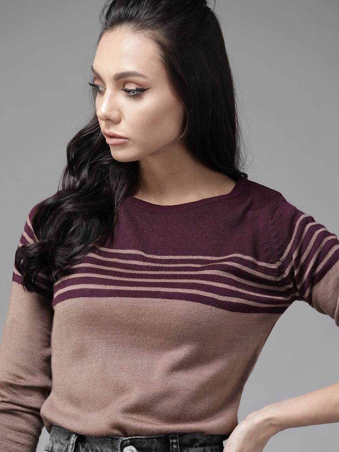 

Roadster Women Mauve & Purple Striped Pullover