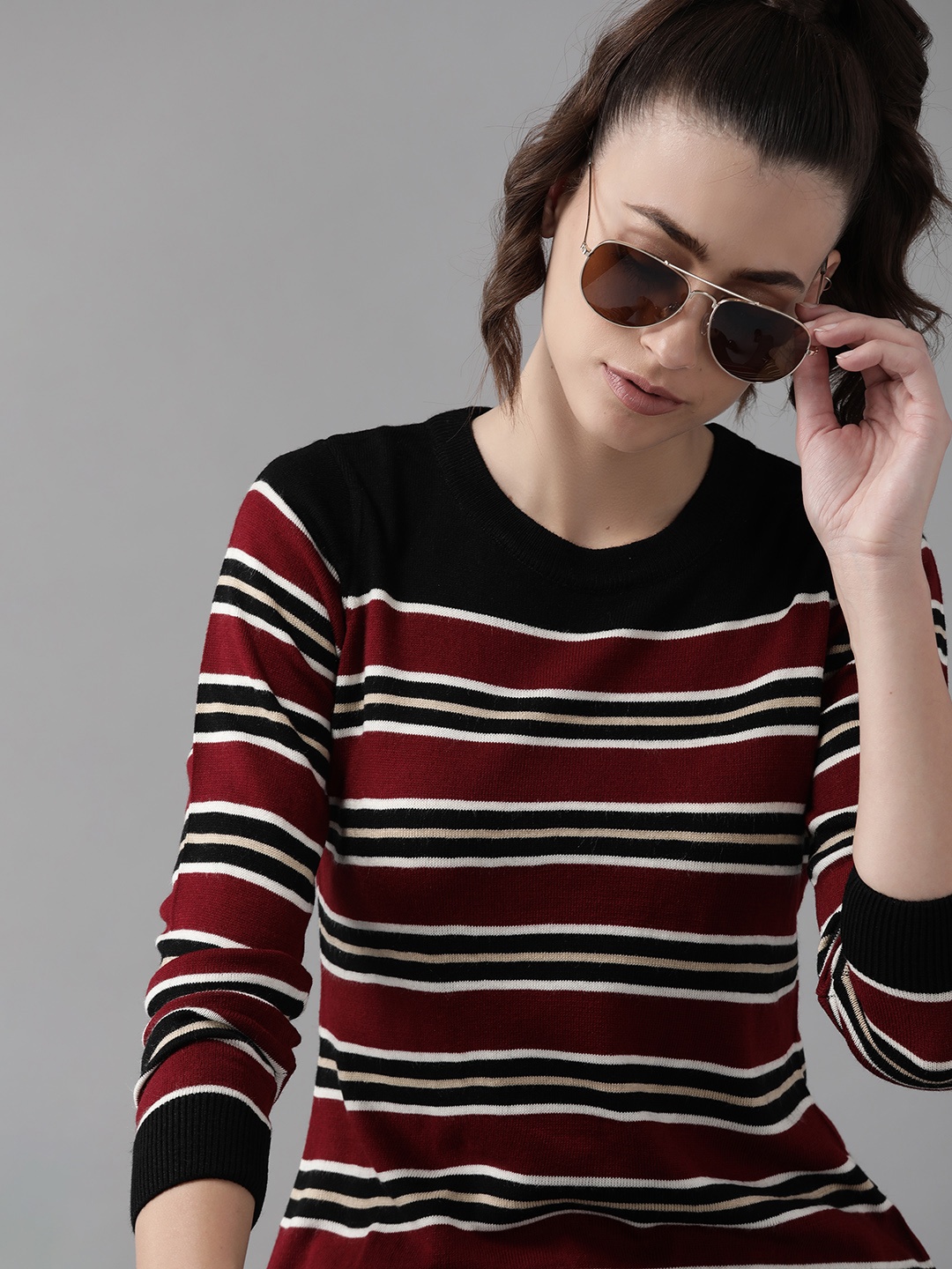 

Roadster Women Black & Maroon Striped Pullover