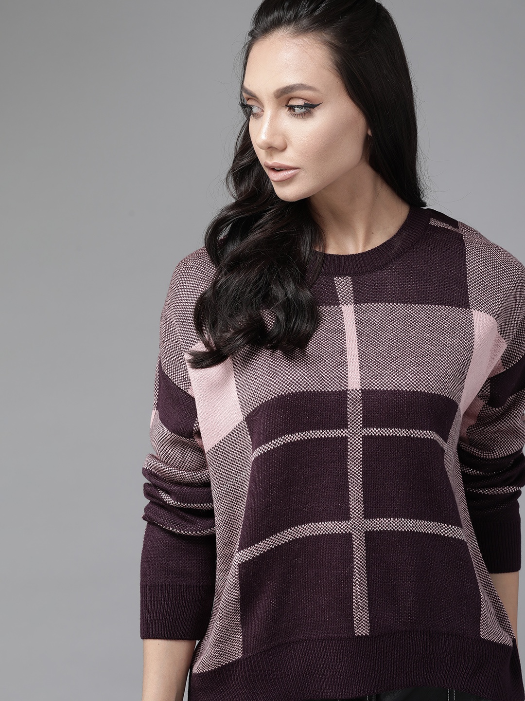 

Roadster Women Purple & Pink Checked Pullover Sweater
