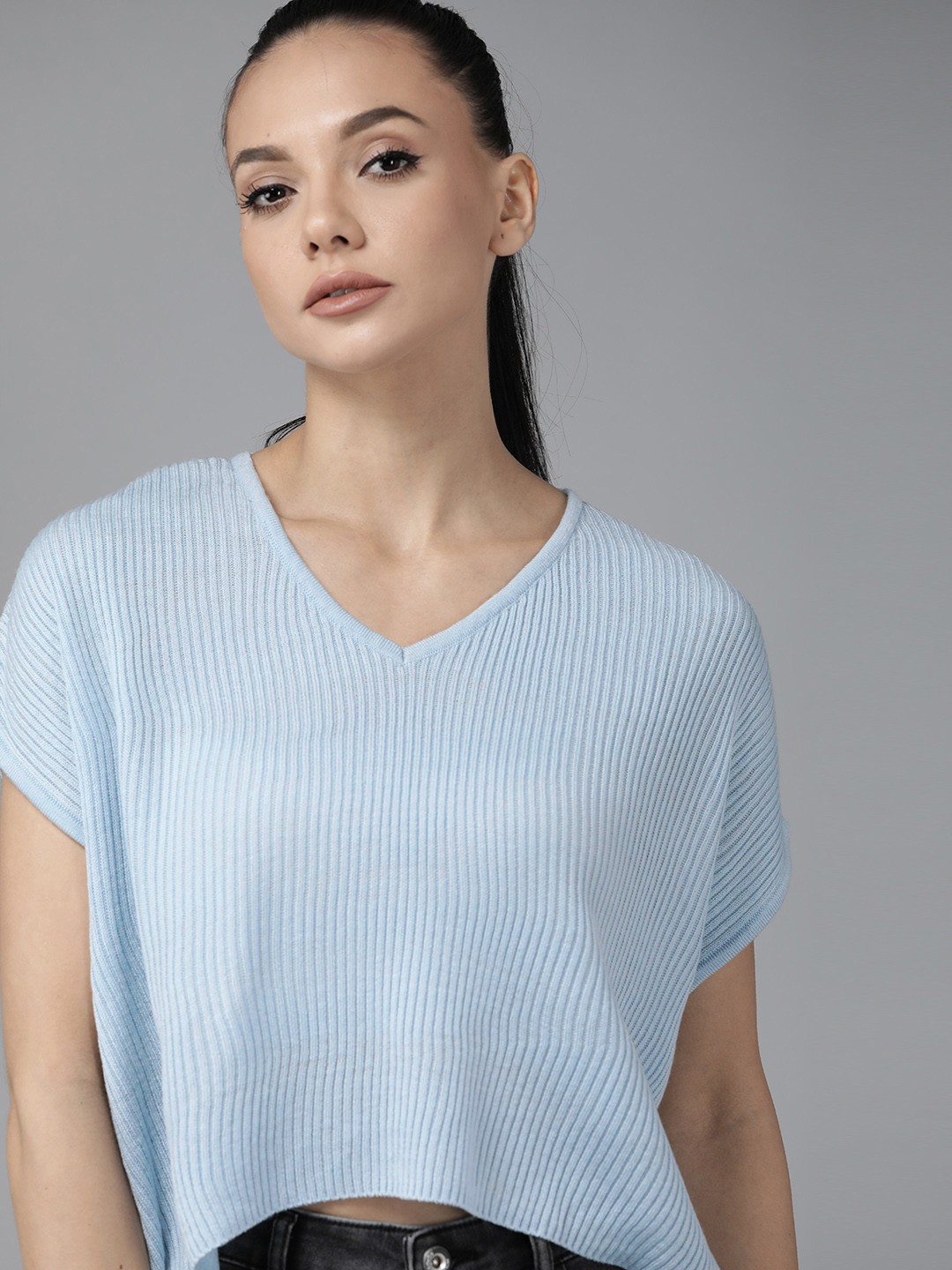 

Roadster Women Blue Ribbed Crop Pullover