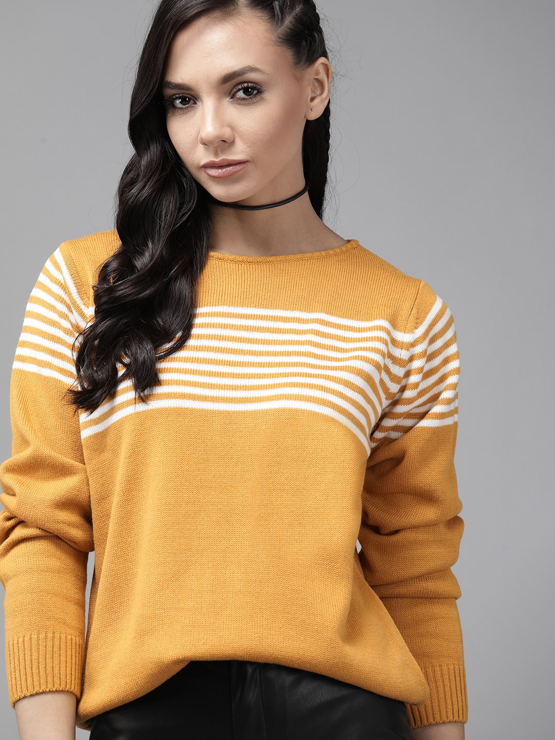 

Roadster Women Mustard Yellow & White Striped Pullover