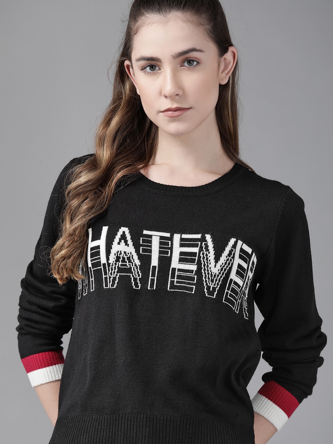 

Roadster Women Black & White Typography Printed Pullover