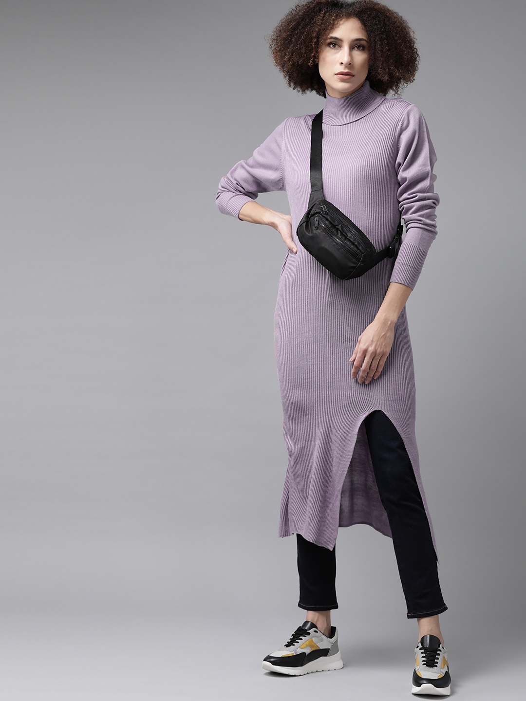 

Roadster Women Lavender Ribbed Longline Pullover