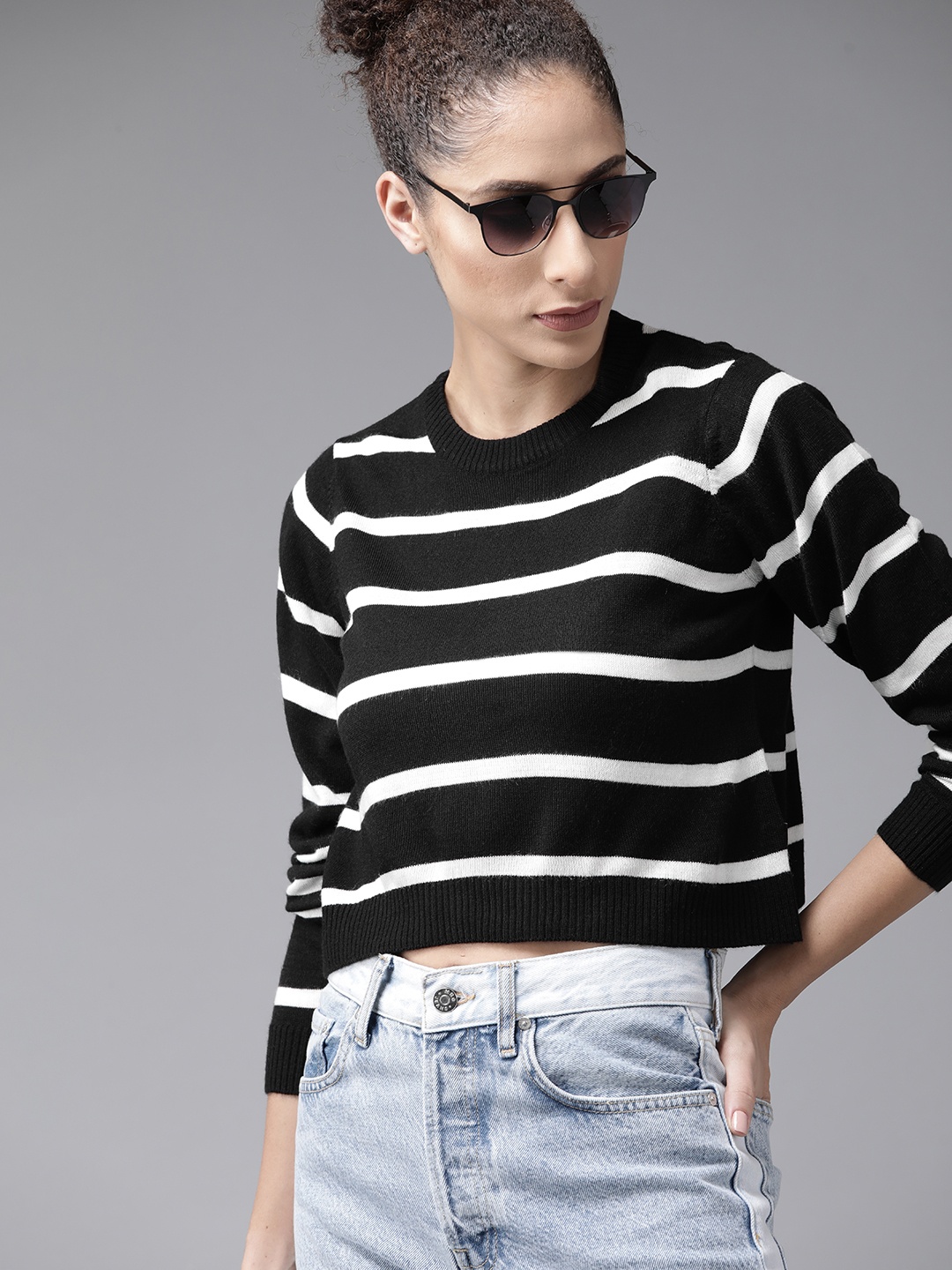 

Roadster Women Black & White Blue Striped Acrylic Crop Pullover