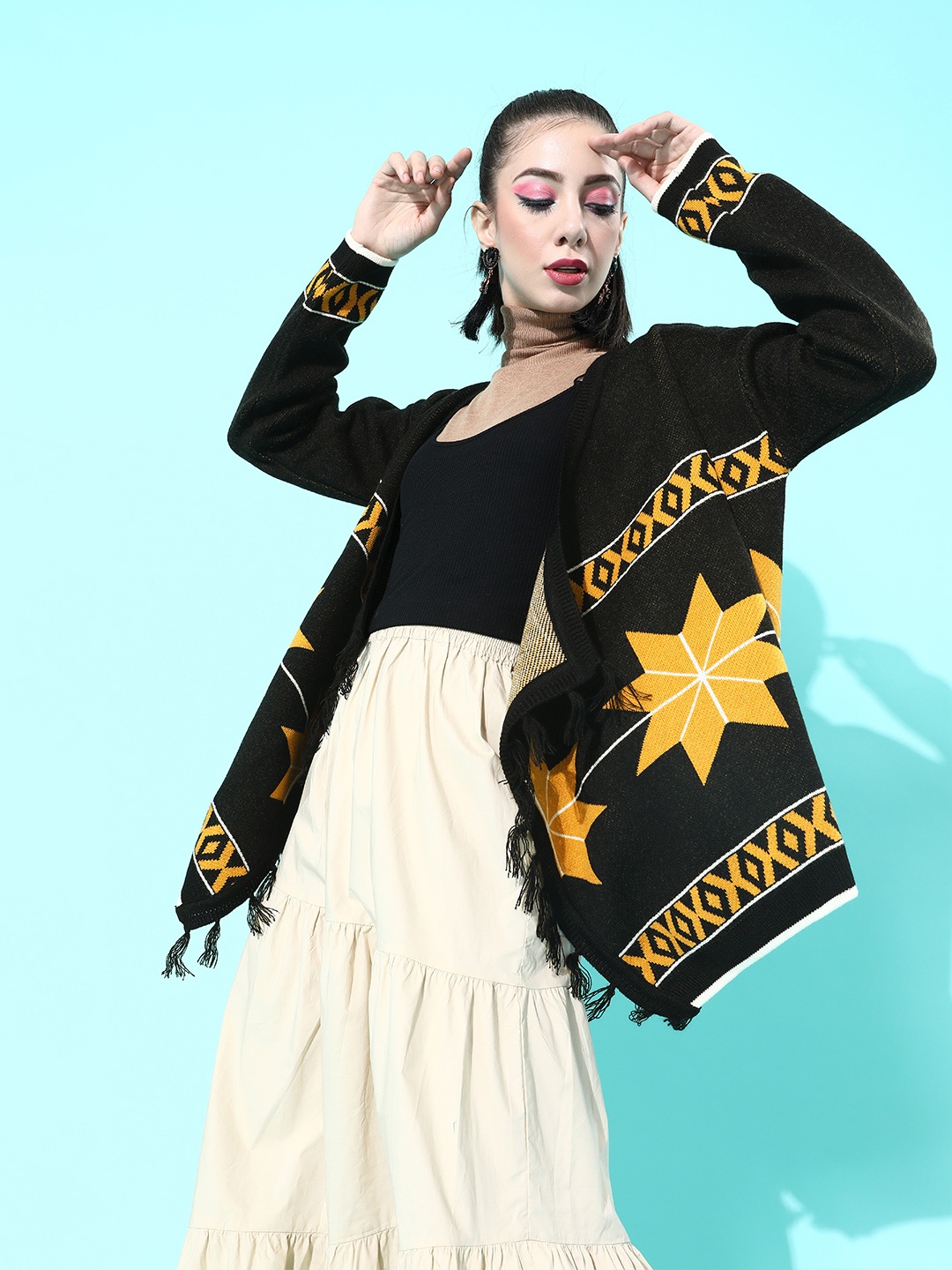 

Roadster Women Stylish Black Geometric Slouchy Cardigan