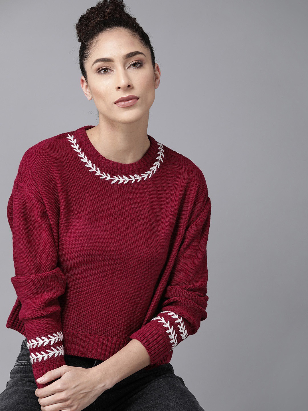 

Roadster Women Maroon & White Solid Acrylic Pullover with Embroidered Detail