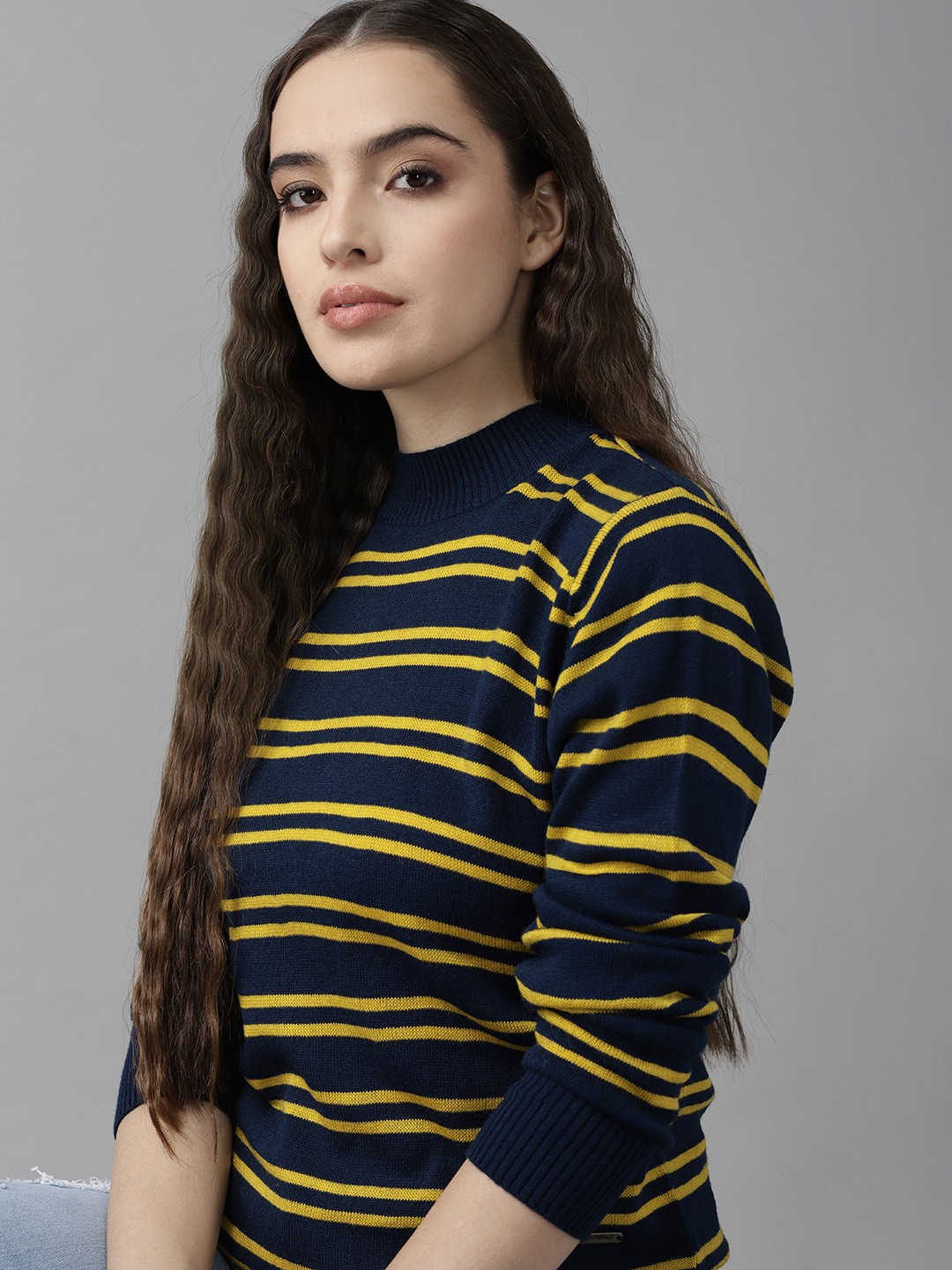 

Roadster Women Navy Blue & Yellow Striped Pullover
