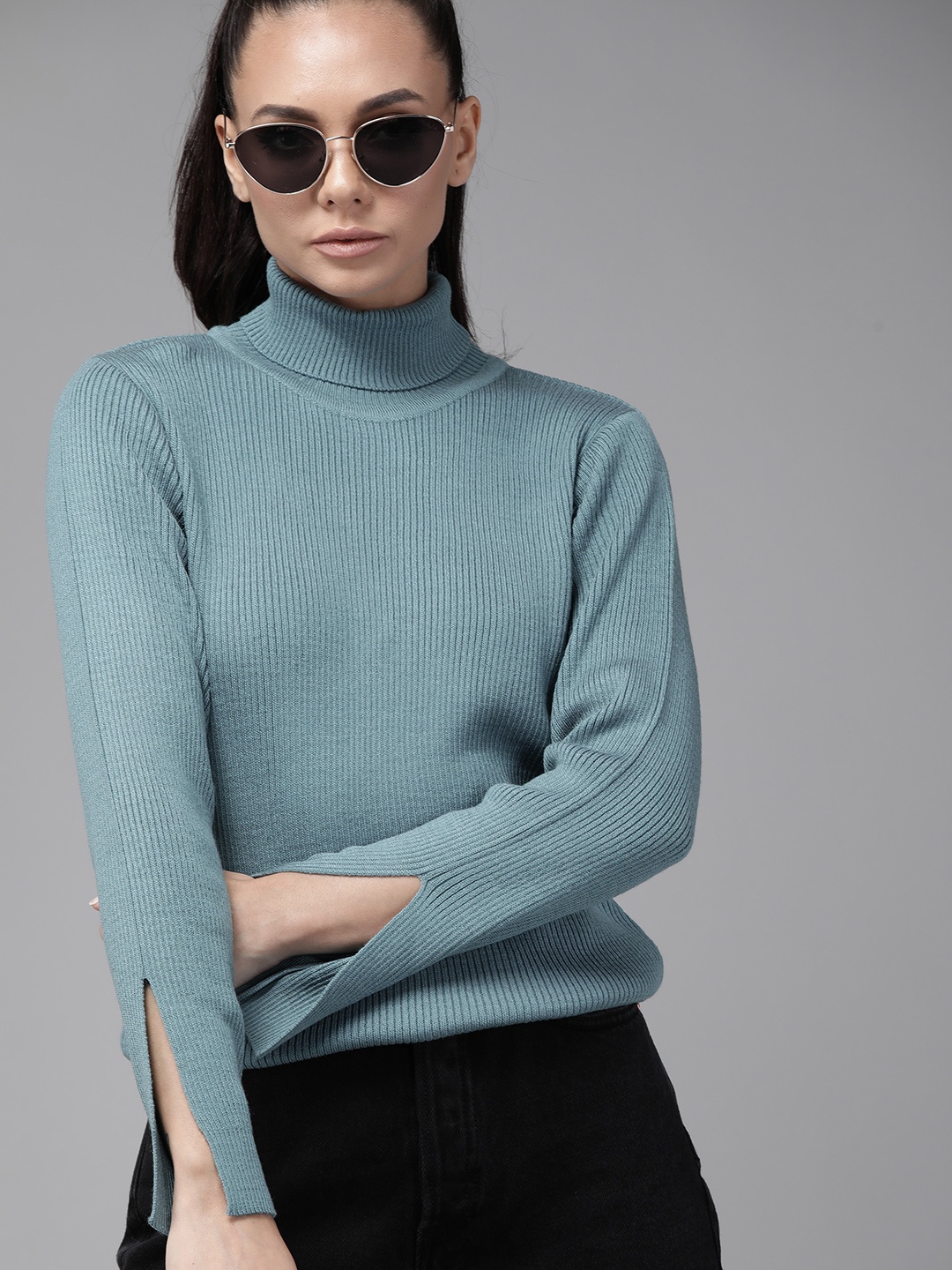 

Roadster Women Blue Ribbed Turtle Neck Pullover