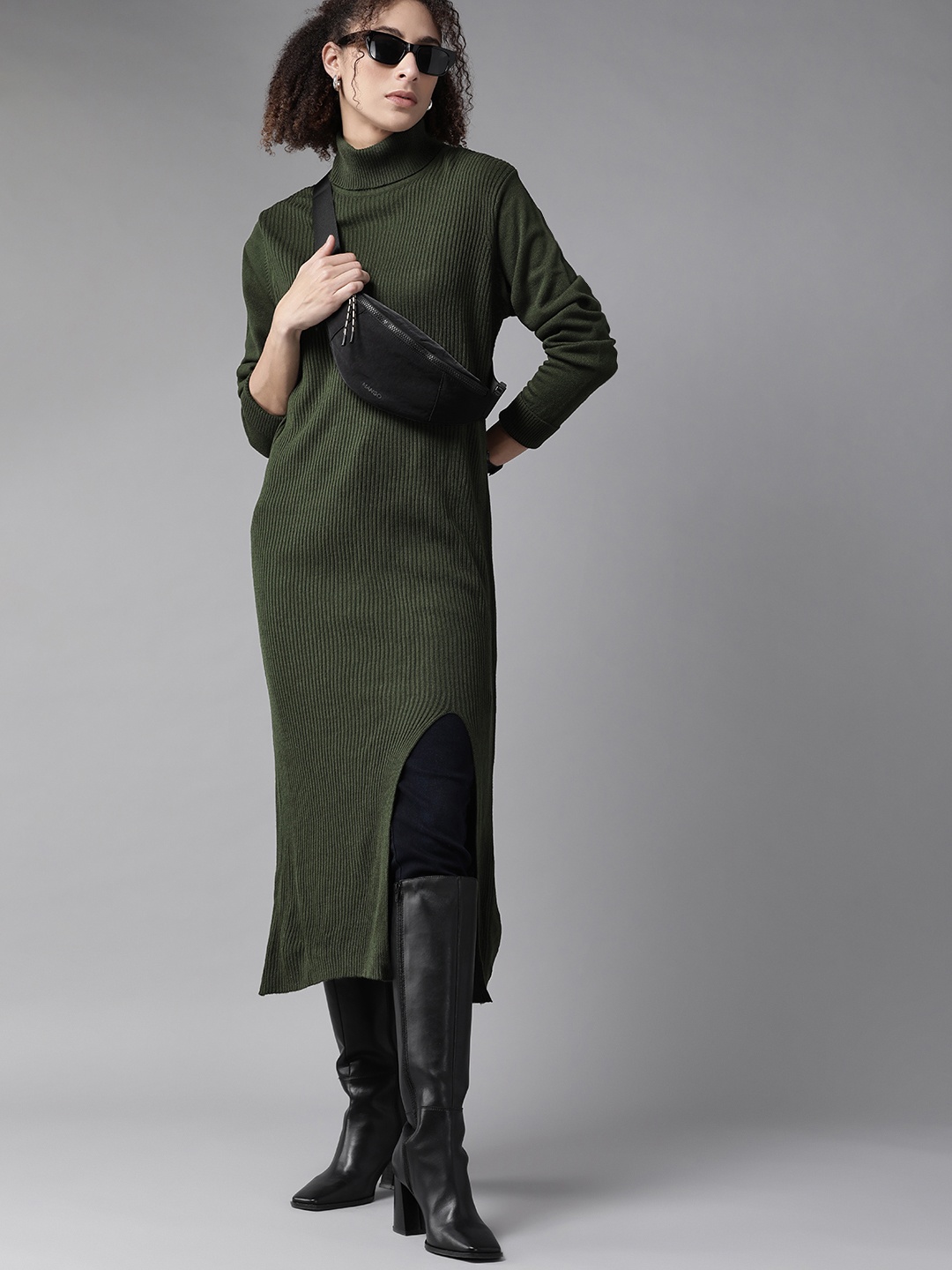 

Roadster Women Olive Green Self-Striped Turtle Neck Longline Pullover with Slit