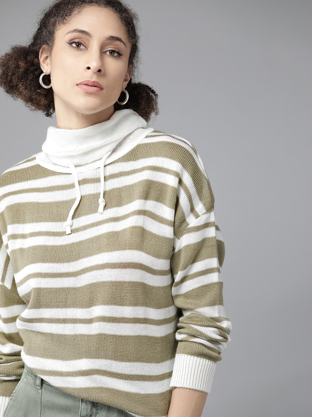 

Roadster Women Olive Green & White Striped Pullover