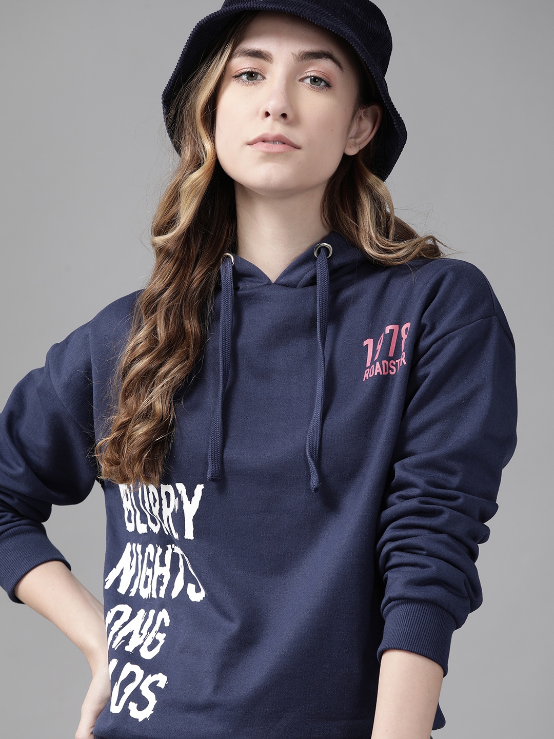 

Roadster Women Navy Blue & White Printed Hooded Sweatshirt