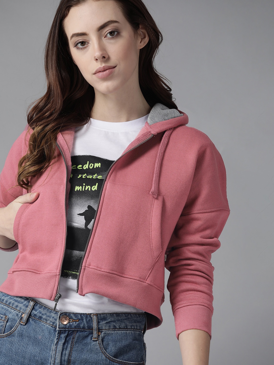 

Roadster Women Dusty Pink Solid Hooded Sweatshirt