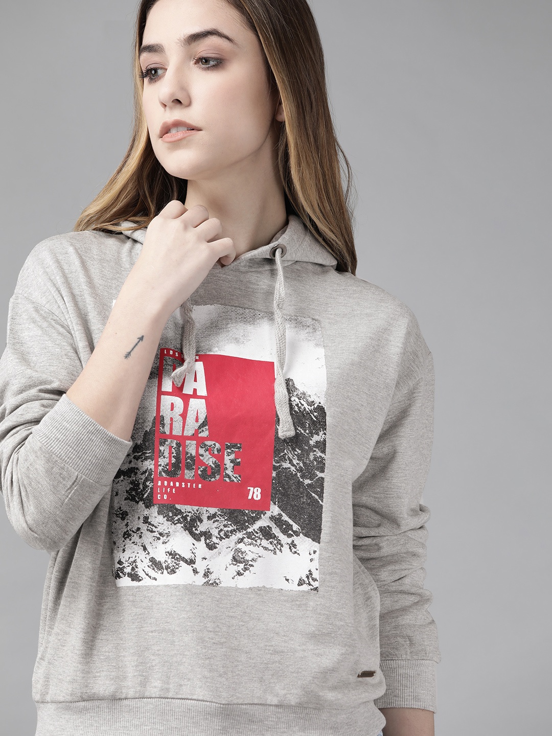 

Roadster Women Grey Melange Printed Hooded Sweatshirt