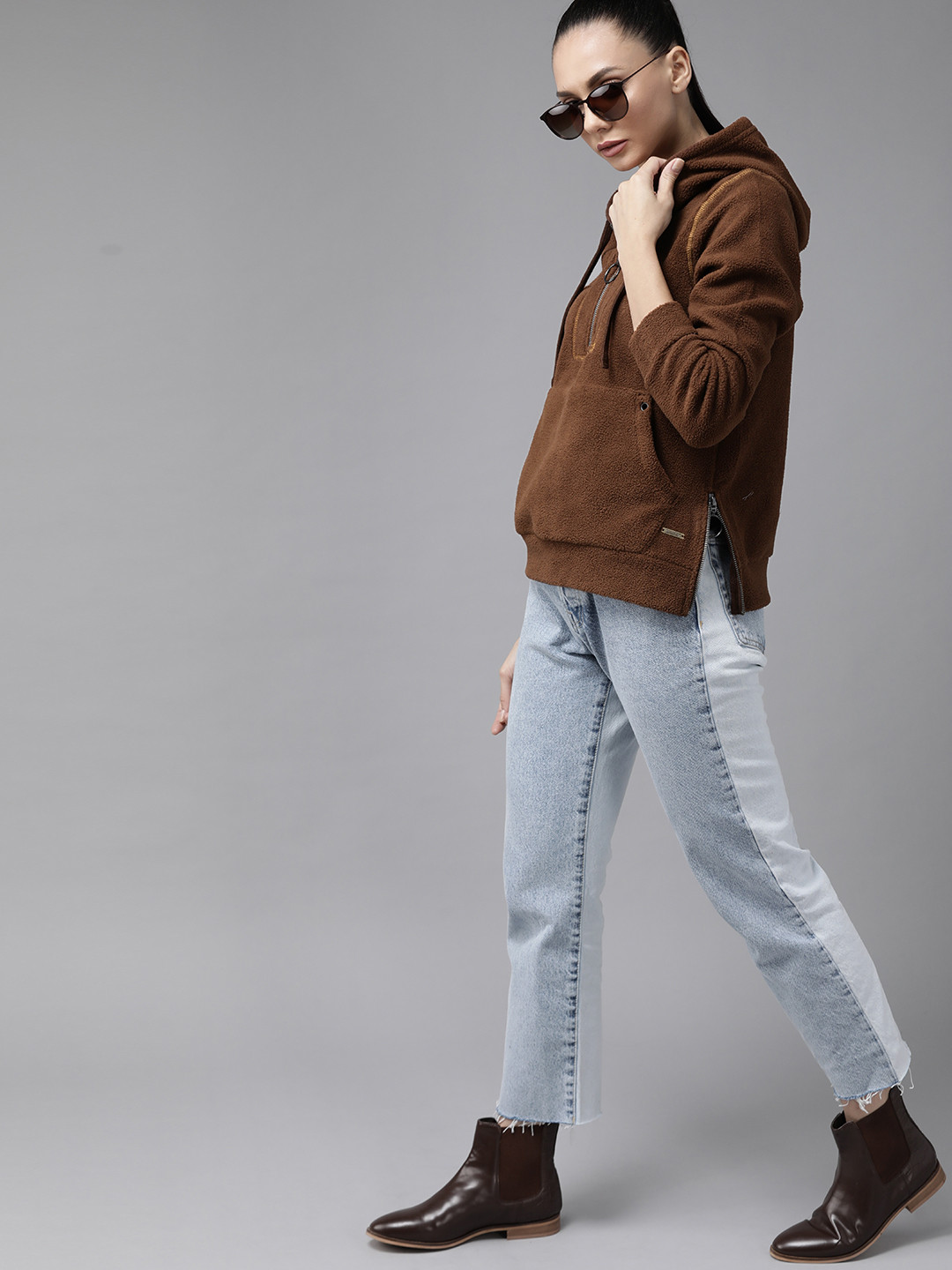 

Roadster Women Brown Solid Fleece Hooded Sweatshirt