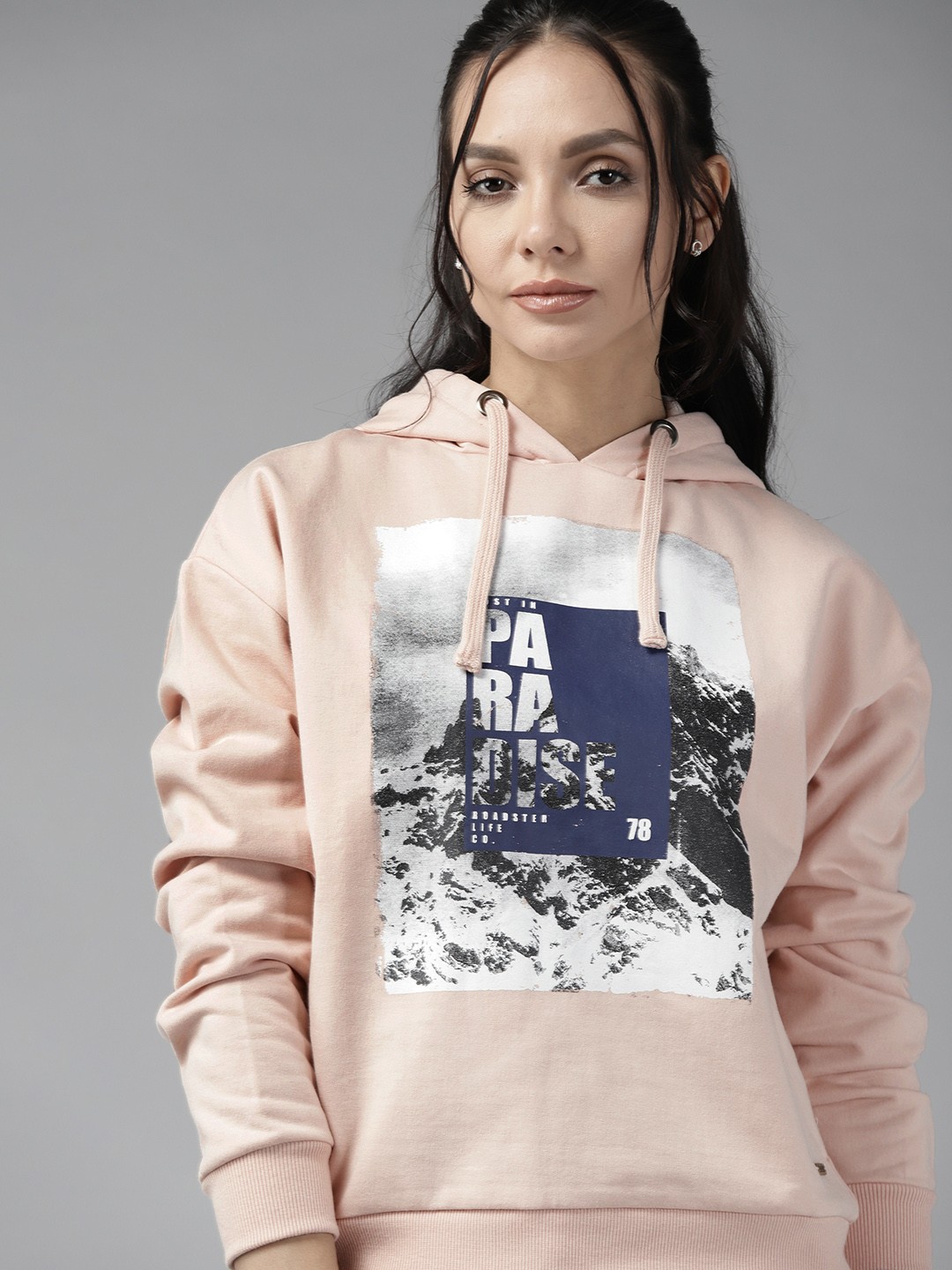 

Roadster Women Pink Printed Hooded Sweatshirt