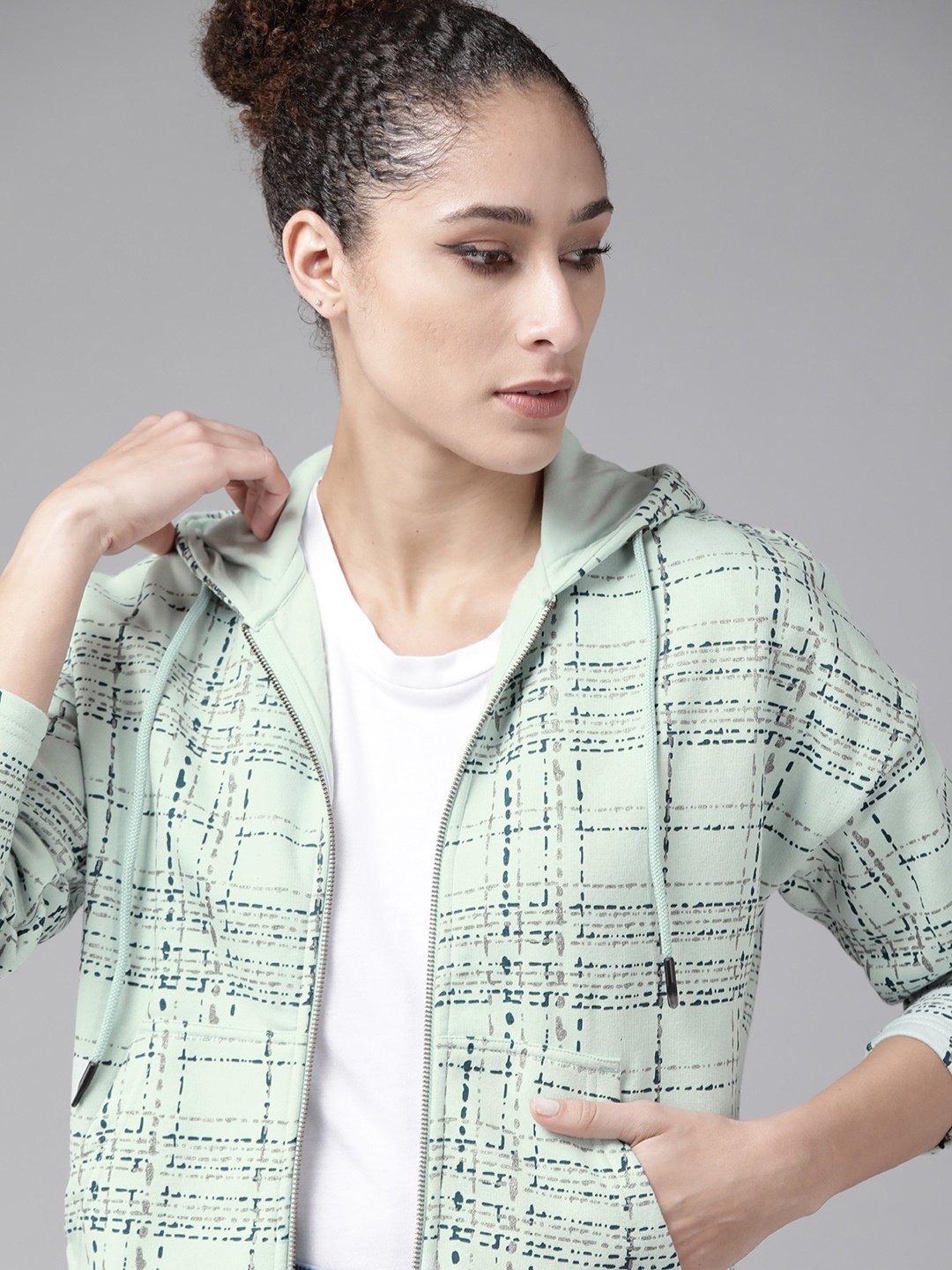 

Roadster Women Mint Green & Teal Blue Checked Hooded Sweatshirt
