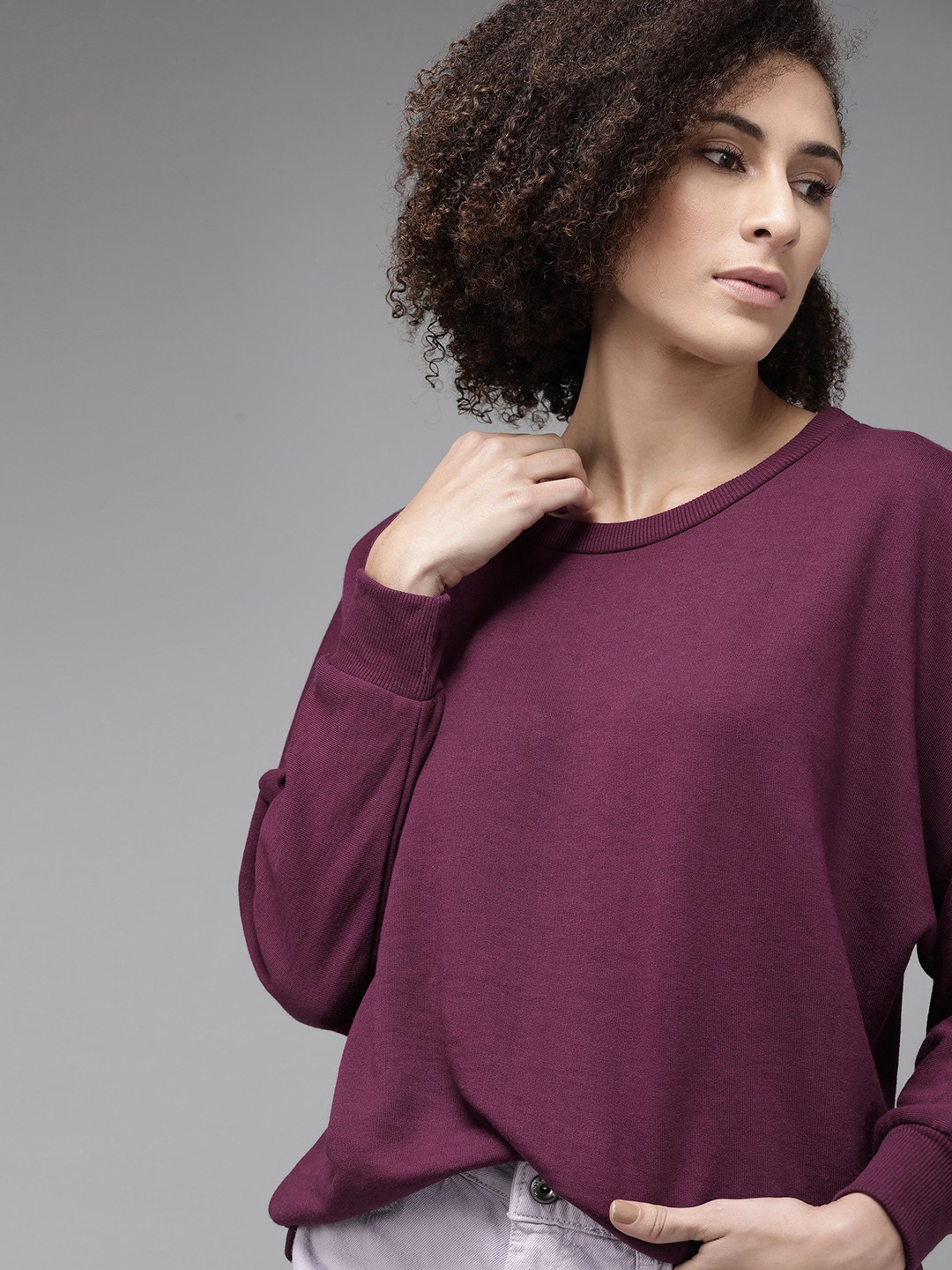 

Roadster Women Burgundy Dolman Sleeves Sweatshirt