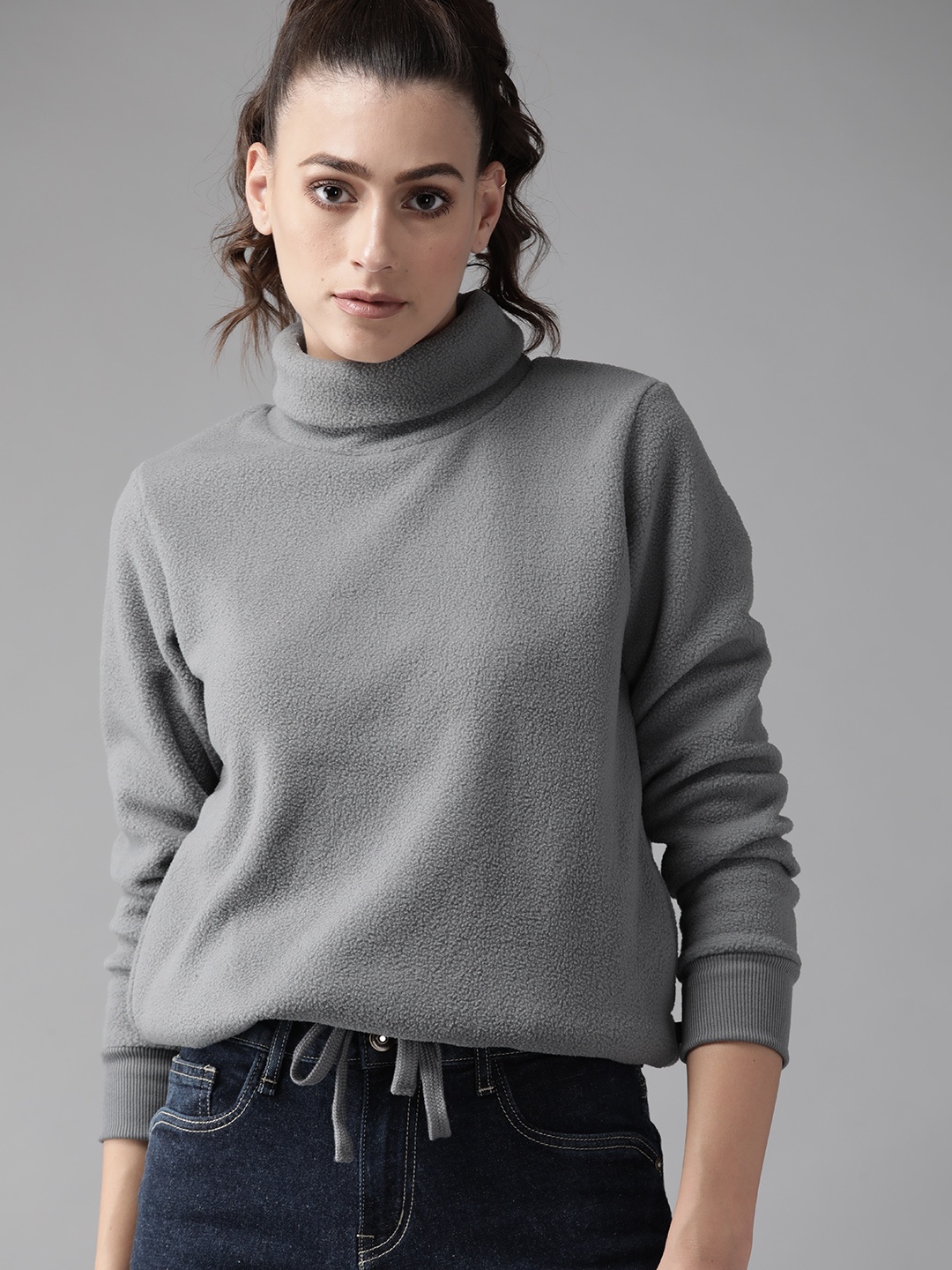 

Roadster Women Grey Solid Turtle Neck Sweatshirt