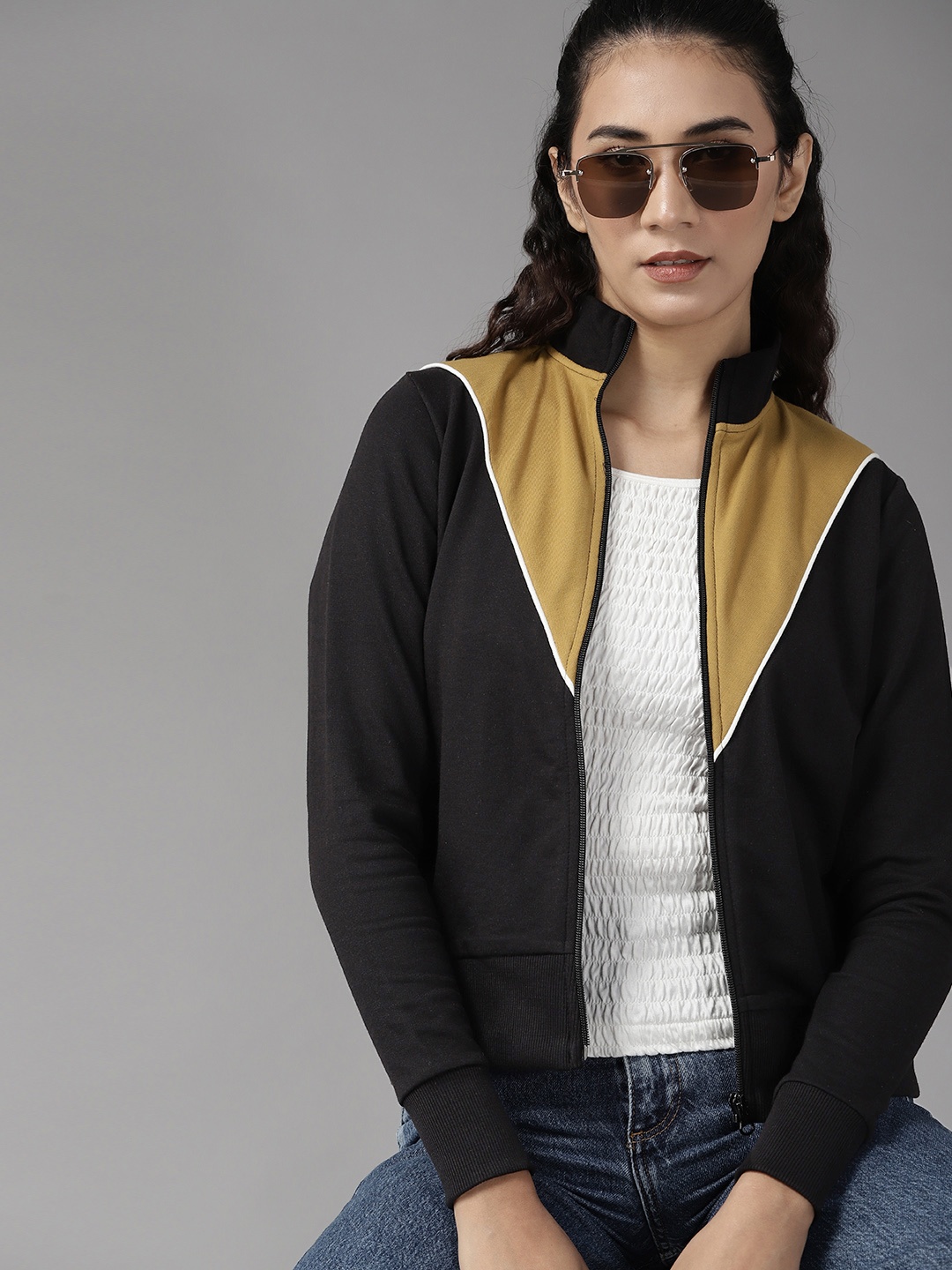 

Roadster Women Black & Khaki Colourblocked Sweatshirt